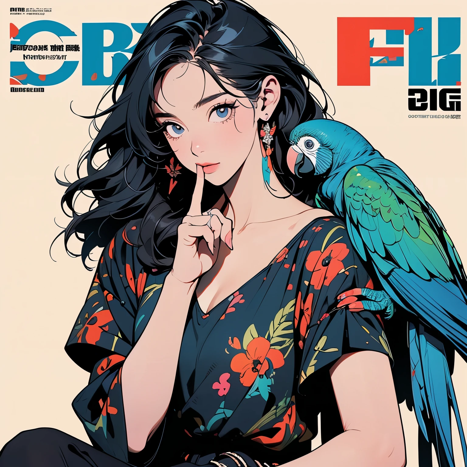 (((parrot sits on shoulder)))、(((Colorful parrot)))、(((The perfect parrot)))、(((detailed parrot)))、Only one woman、(((finger to mouth)))、Perfect Woman、(((Colorful ink splattered)))、(((Splattering paint)))、Black Dress、Top Quality、Masterpiece、Ultra Detail、(((Various Hair)))、Various angles、Detailed Hair、Complex Hair、Perfect hands、Detailed hands、(((Detailed fingers)))、(((Perfect Fingers)))、Black simple dress、Cowboy Shot、Made up of the golden ratio, Perfect composition, ultra HD, 8K, Real, Extremely detailed、Very artistic、Magazine cover