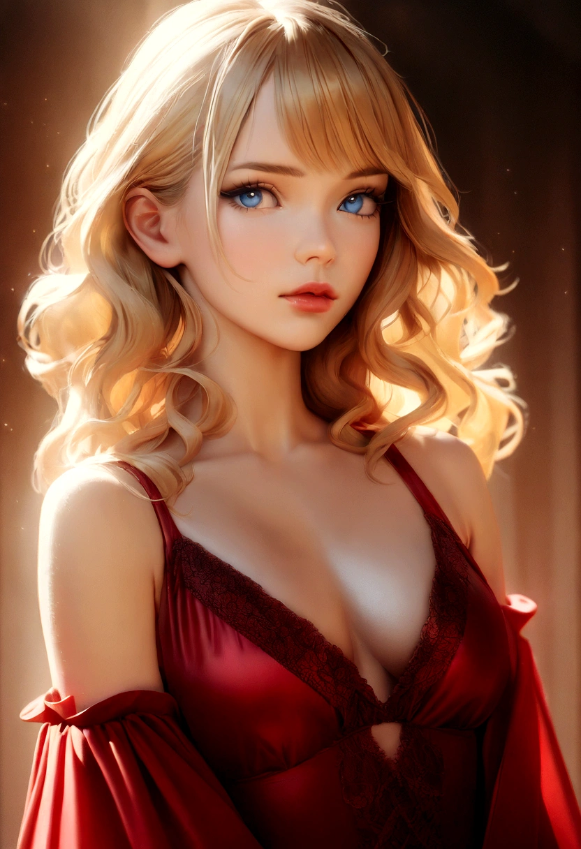 beautiful young woman with long blonde hair, blue eyes, wearing a red satin negligee, volumetric lighting, dramatic chiaroscuro, high fashion editorial, elegant, cinematic, warm color palette, soft focus, photorealistic, 8k, best quality, masterpiece