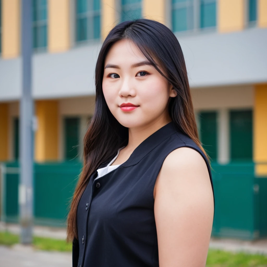 headshot photo of asian digital marketer, 20 years old, fat, looking at viewer, side view, school at the background