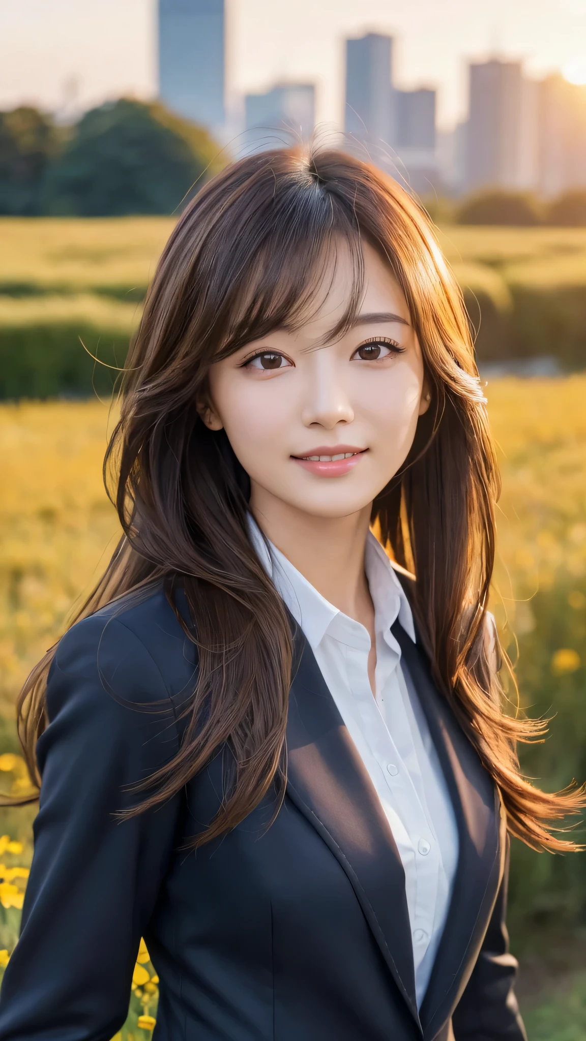 highest quality、genuine、Super detailed、finely、High resolution、8k wallpaper、one beautiful woman、、、light brown disheveled hair、wearing a business suit、sharp focus、perfect dynamic composition、beautiful and detailed eyes、thin hair、Detailed genuine skin texture、smile、model body shape、In Tokyo at morning、In a windswept meadow