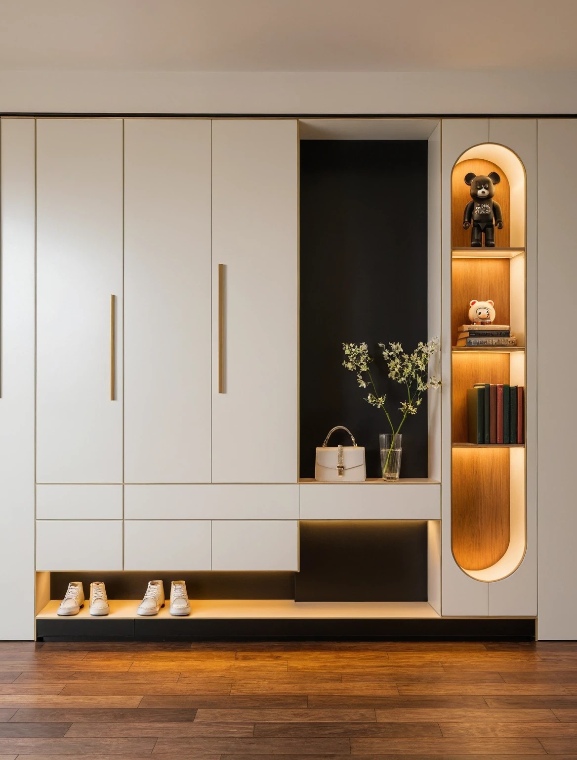 Raw photo,Masterpiece, high quality, best quality, authentic, super detail, interior, shoes Cabinet style modern luxury, decorative cabinets, flower vases, decorations, books, wooden floor, handbags, shoes, bearbrick, (daylight:1.1), vivid colour, (realistic:1.2), (tones black and white)