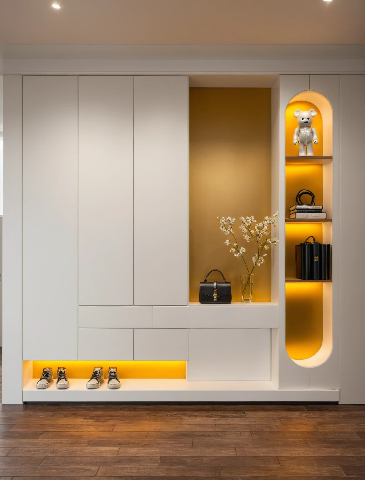 Raw photo,Masterpiece, high quality, best quality, authentic, super detail, interior, shoes Cabinet style modern luxury, decorative cabinets, flower vases, decorations, books, wooden floor, handbags, shoes, bearbrick, (daylight:1.1), vivid colour, (realistic:1.2), (tones black and white)