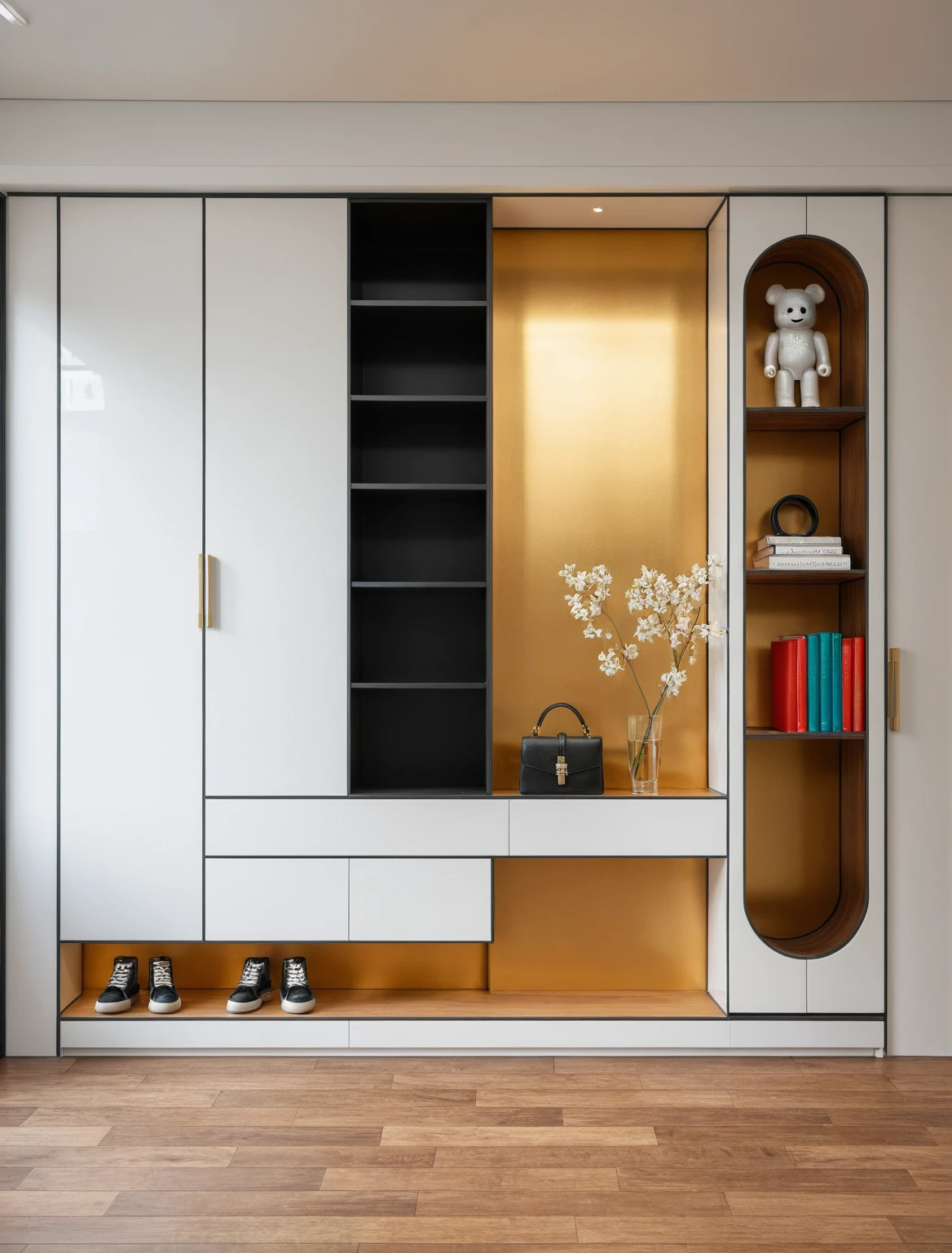 Raw photo,Masterpiece, high quality, best quality, authentic, super detail, interior, shoes Cabinet style modern luxury, decorative cabinets, flower vases, decorations, books, wooden floor, handbags, shoes, bearbrick, (daylight:1.1), vivid colour, (realistic:1.2), (tones black and white)