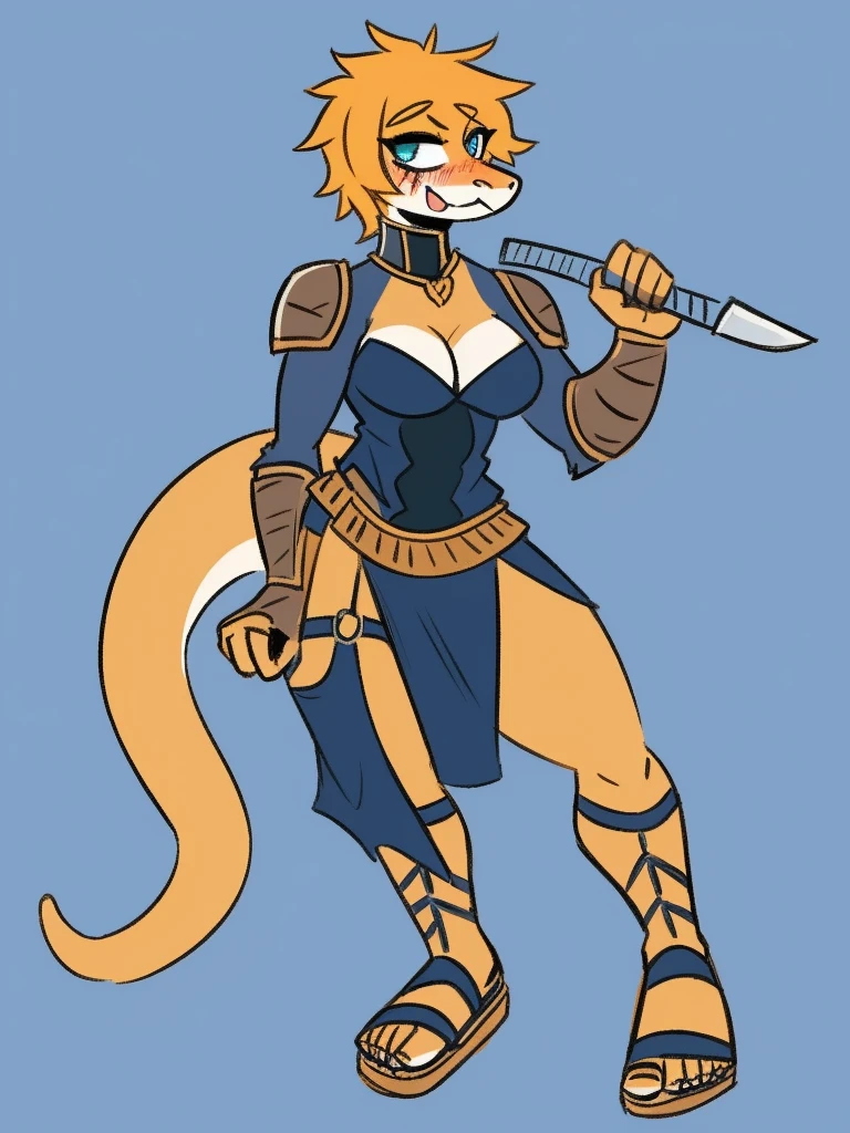 1girl, lizard_girl, smile, solo, wearing roman armor, gladiator flat sandals, gladiator skirt, humanoid feet, holding sword, nose ring, septum piercing ring, facepaint, face paint, scars over body