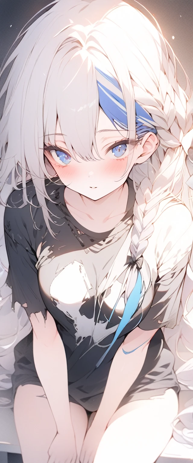 beautiful, masterpiece, Highest quality, anime, One girl, C Cup,Portrait Shot, View your viewers, Covered、Long Hair、nearby、Blue Eyes、art、、White hair,Blue streaked hair, dark atmosphere、Thighs、Braid、Torn_Rough shirt、