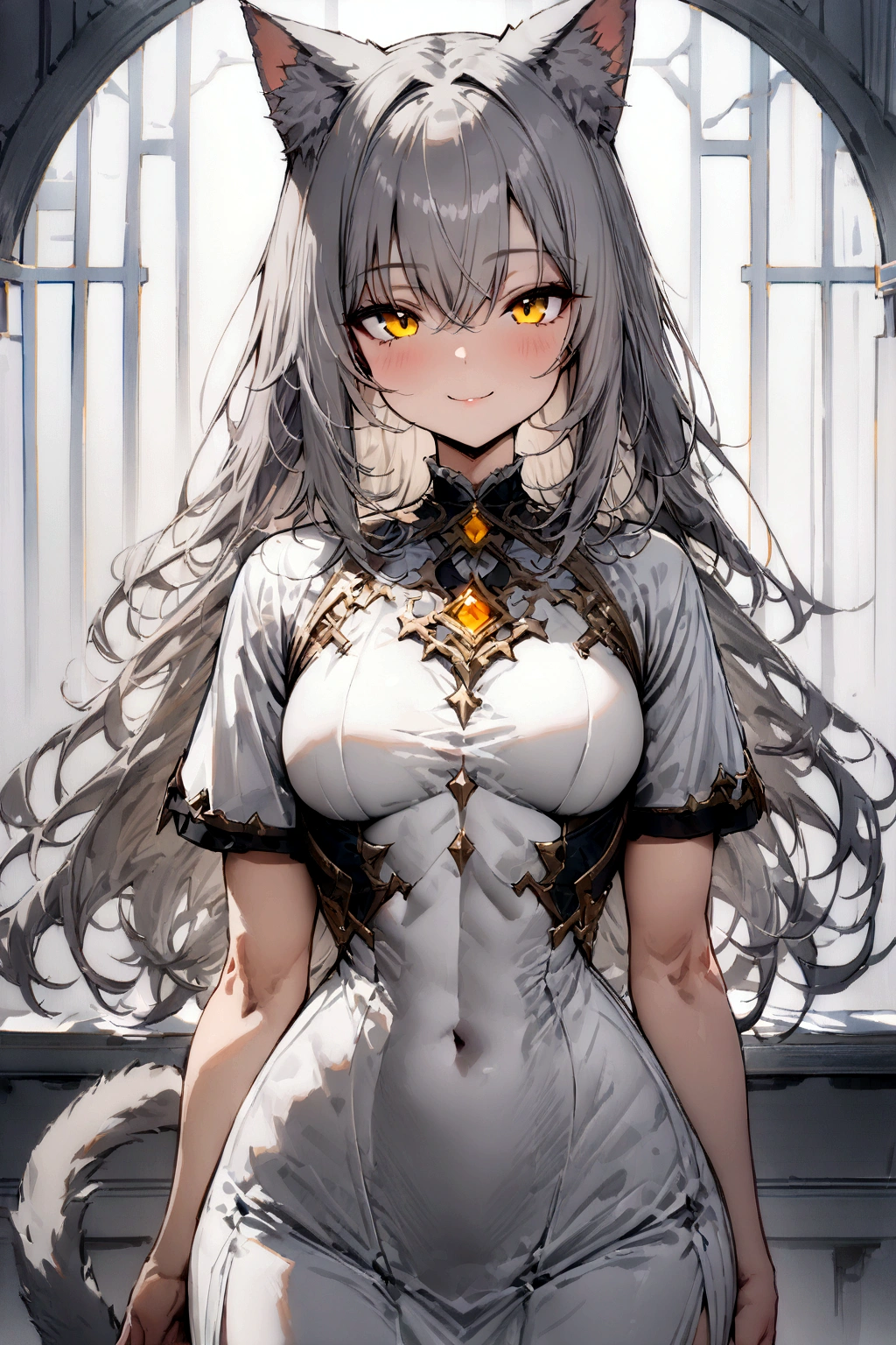 ((masterpiece)), ((best quality)), (from front), (half-body shot:1.36), perfect anatomy, 1girl, solo, cat girl, long gray straight hair, yellow eyes, gray cat ears, gray fluffy cat tail, short-sleeved white dress, smiling, looking at viewers