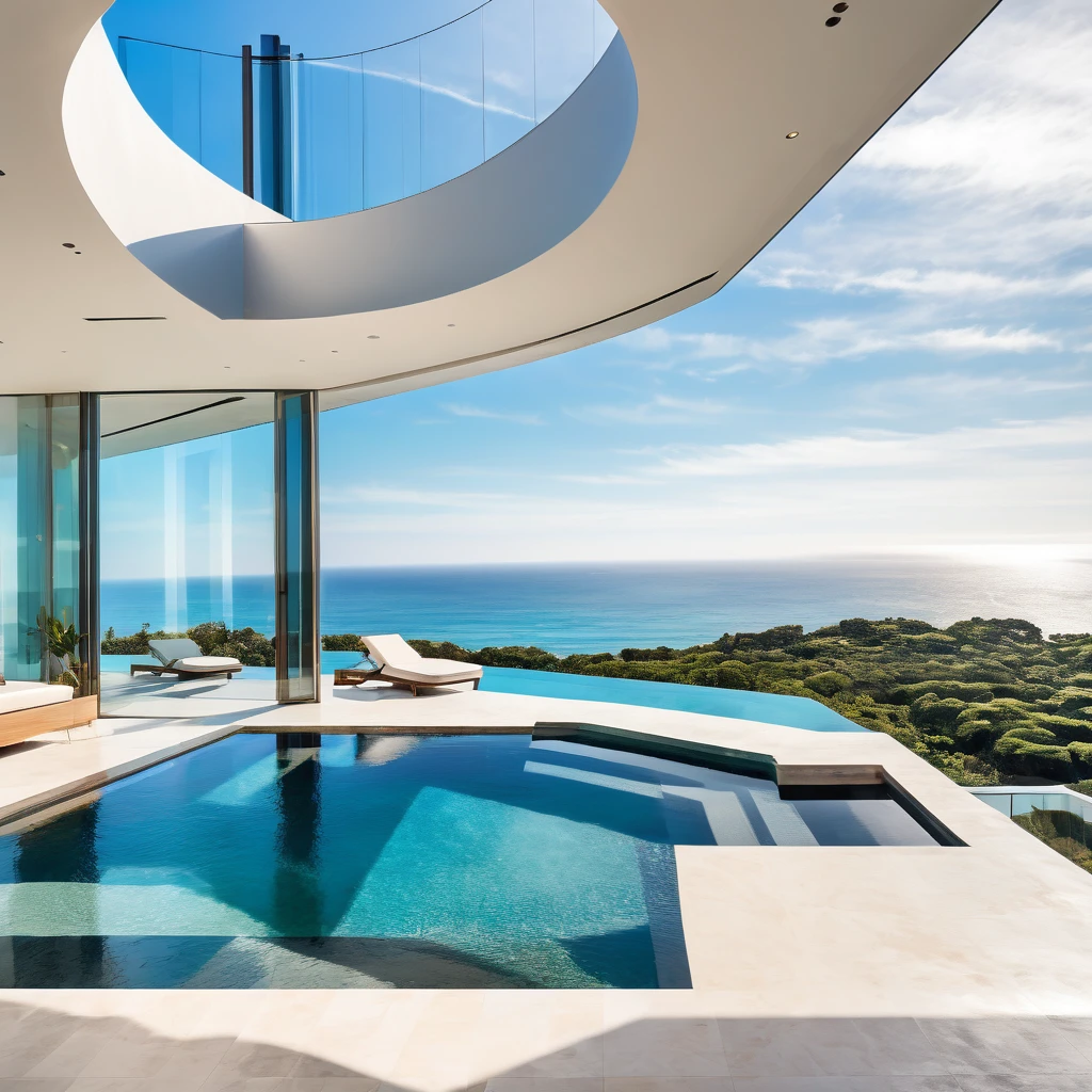 A modern luxury mansion with an infinity pool overlooking the ocean, floor-to-ceiling windows, and a sleek, minimalist interior design.