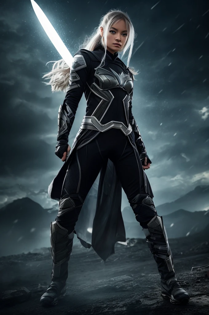 Superhero, modern superhero costume, white bat costume, black stripes on the sides, camouflage functions, integrate special LED plates or coatings in the costume with the ability to change color like a chameleon, style like the black bat costume, costume for a girl, ninja, with Chinese sword, beautiful Chinese girl, albino girl, light blue eyes, Chinese girl with fringes, character masculine, kind, brave, determination, on the battlefield, atmospheric perspective, motion blur, 8k, super detail, the best quality, UHD, high detail