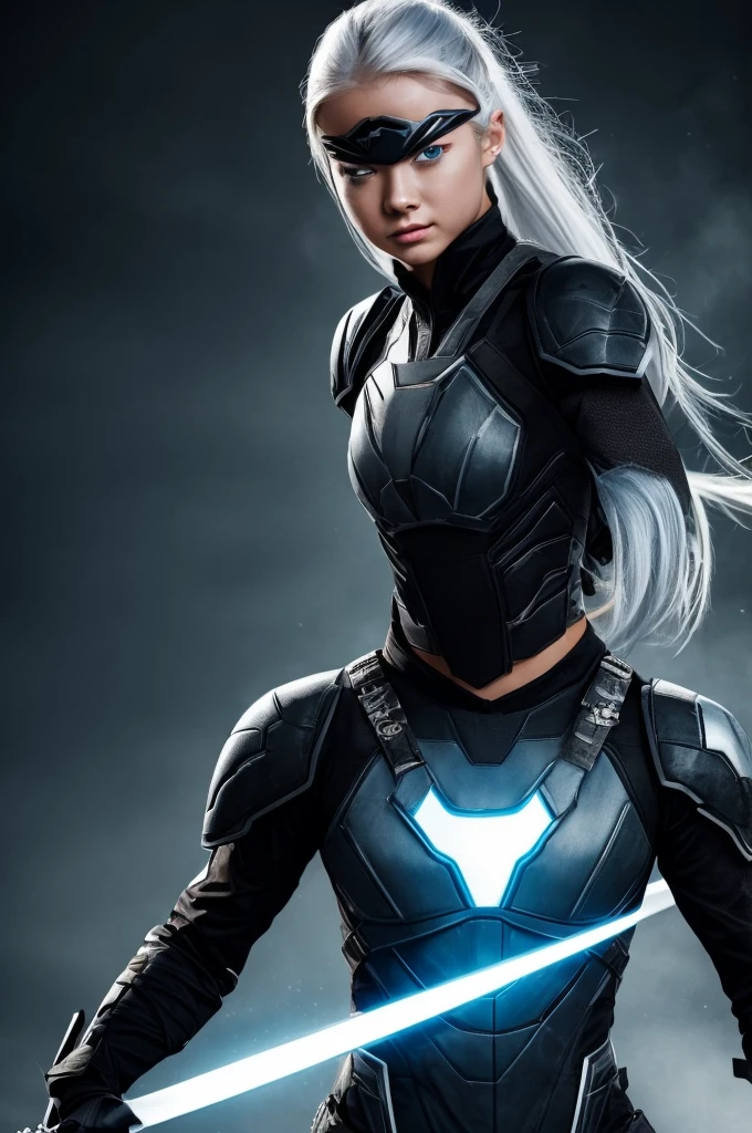 Superhero, modern superhero costume, white bat costume, black stripes on the sides, camouflage functions, integrate special LED plates or coatings in the costume with the ability to change color like a chameleon, style like the black bat costume, costume for a girl, ninja, with Chinese sword, beautiful Chinese girl, albino girl, light blue eyes, Chinese girl with fringes, character masculine, kind, brave, determination, on the battlefield, atmospheric perspective, motion blur, 8k, super detail, the best quality, UHD, high detail