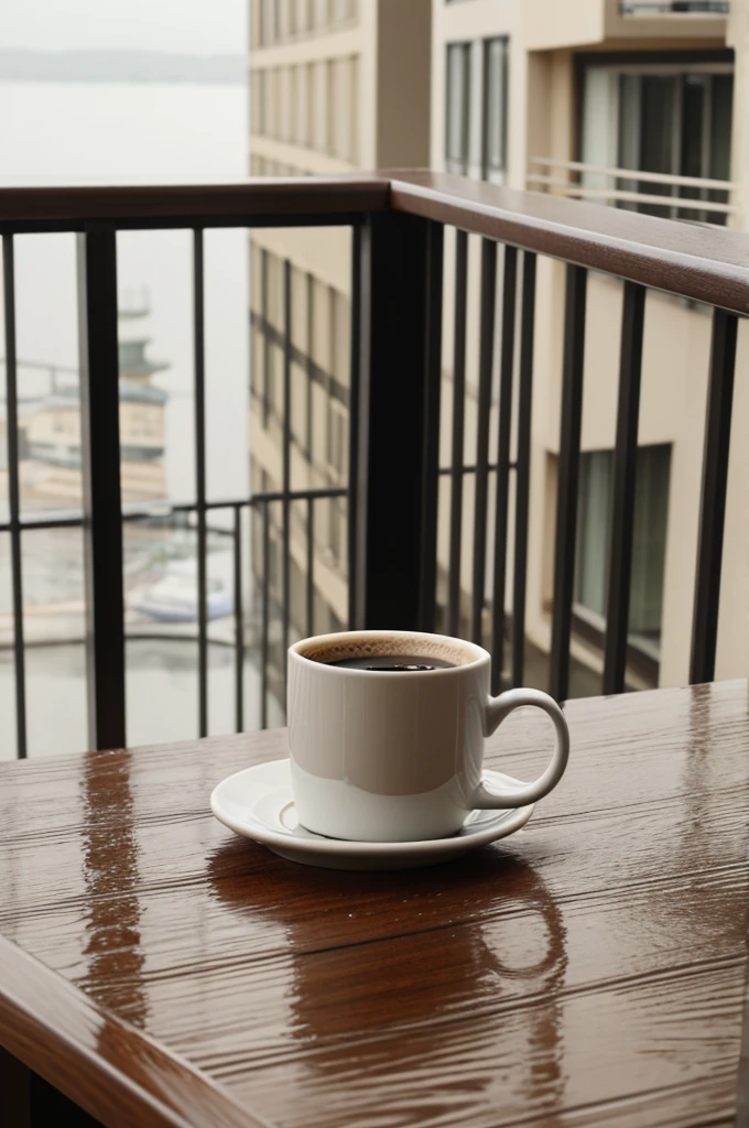 A coffee mug sits on the table in front of the balcony in the morning in the rain.