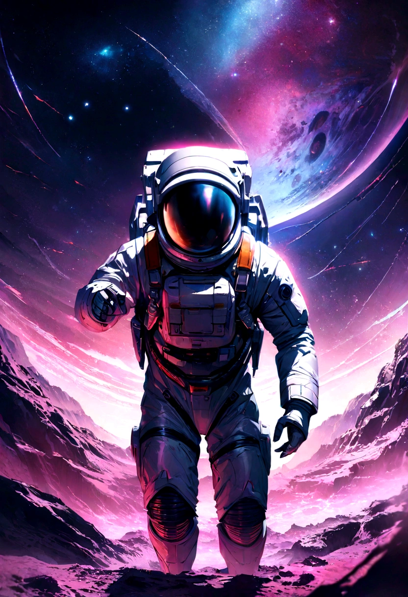an astronaut standing in a lush field, nomanssky style wallpaper, 4K high resolution concept art beautiful masterpiece,abstract dream, space, intricate, large scale, alone, cinematic film still, Insane detail, sharp focus, depth of field , realistic lighting, (realistic perspective), complex, (multiple subjects), 4k HDR,