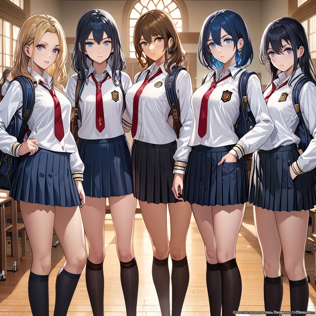 (masterpiece, top quality, best quality, official art), multiple girls, multiple different characters, school girls, school, sexy proportions, detailed face, mesmerizing eyes