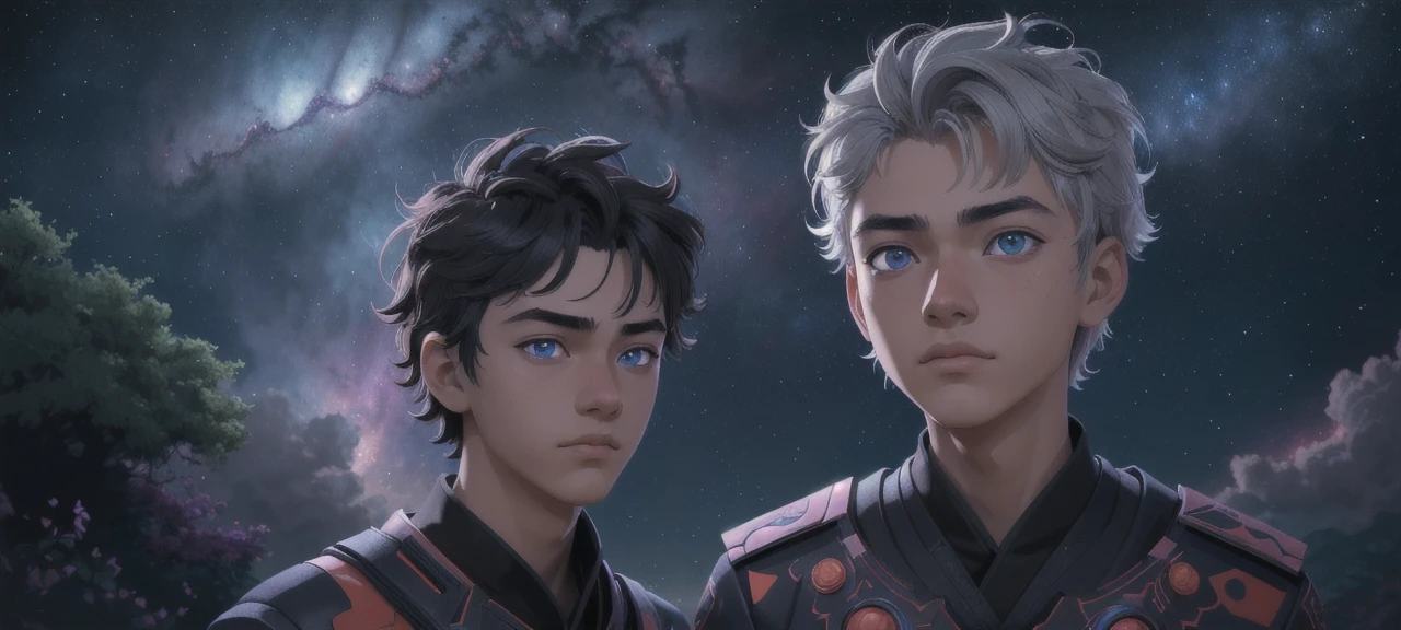 Masterpiece, Best Quality, Extremely detailed CG unity 8k wallpaper, kirigami, (detailed face), detailed eyes, bright sky nebula, 2 boys, Age: 16, one leans on the other&#39;s shoulders