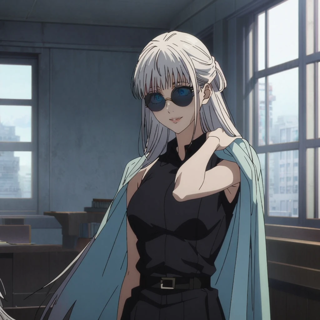 1girl, female gojo satoru, anime screencap from jujutsu kaisen, gojo satoru female version, solo, long_hair, blindfold, white_hair, window, breasts, upper_body, smile, indoors, book, bangs, blue_eyes, lips, (wearing round sunglasses) , ((her hairstyle : The character in the image has long, "straight white hair" with bangs that cover her eyes. The hair falls freely over her shoulders and down her back)) "wearing black colour collared outfit", breast, "very detailed and high resolution" (blue colour eyes)