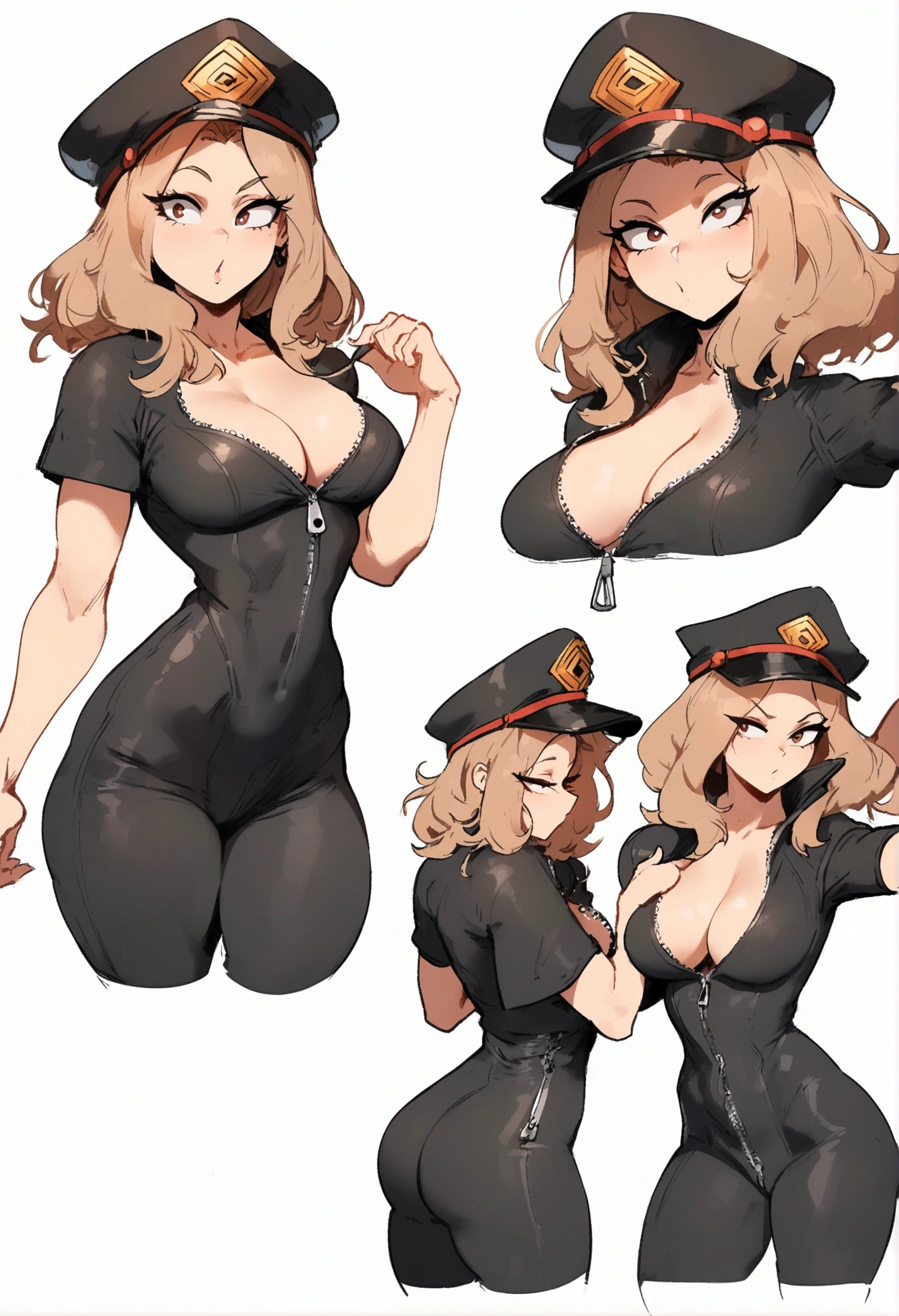 1girl, utsushimi kemii, boku no hero academia \\\\\ masterpiece, best quality, very aesthetic, absurdres, newest \\\\\\ slim body,///// by dodok,by nyantcha,cutesexyrobutts , by khyle,,//////light brown hair , cap, black catsuit . white background, simple background, dark brown eyes, zipper running down the middle, left slightly down to reveal her cleavage, concept art