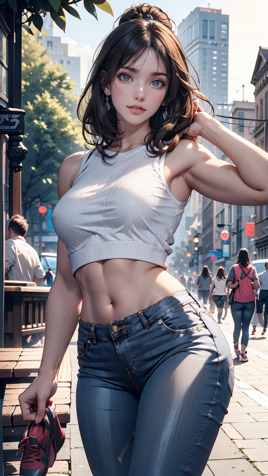 24-year-old woman、Sexy proportions、Long eyelashes、eye shadow、lipstick、Sexy、erotic、Narrow waist、Wearing Under Top Boo Boo、Wear low rise skinny jeans、Wear sneakers、Dance Queen in the Park