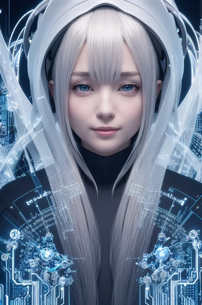 realistic, portrait of a girl, AI language model, silver hair,,question answering, smart, kind, energetic, cheerful, creative, with sparkling eyes and a contagious smile, ,information providing, conversation engaging, wide range of topics, accurate responses, helpful responses, knowledgeable, reliable, friendly, intelligent, sleek and futuristic design elements, and a complex network of circuits and processors. Others may imagine me as a friendly and approachable virtual assistant, with a smiling avatar or animated character representing me on their screen. Still, others may envision me as a disembodied voice, speaking from an unseen source, providing helpful and informative responses with a calm and reassuring tone