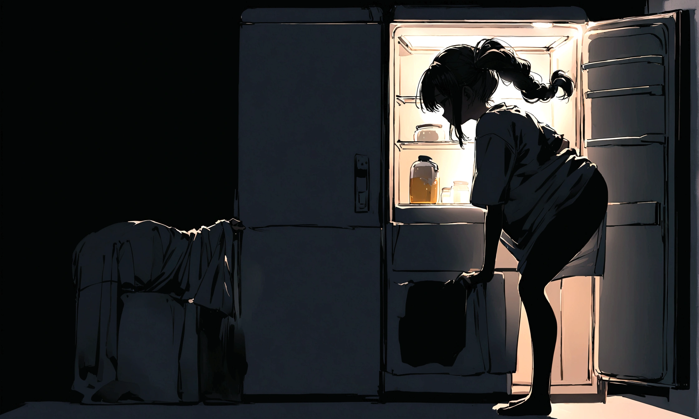 with extremely long braided twin tails bending over and reaching into an open refrigerator grabbing a beer wearing only an oversized baggy T-shirt, no panties, no shoes, no socks, tired expression, Side profile view, dark room, fridge light illumination,