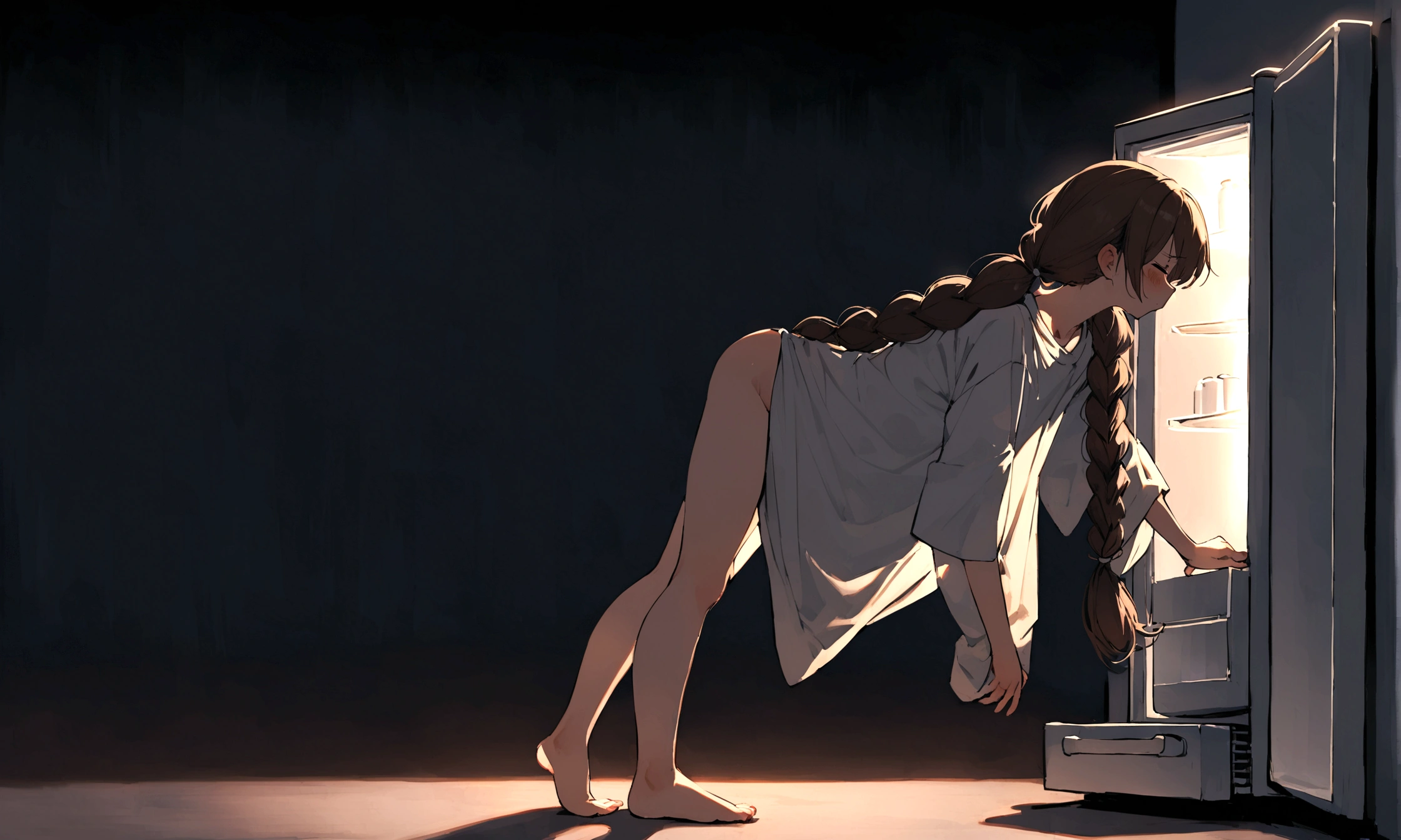 with extremely long braided twin tails bending over and reaching into an open refrigerator grabbing a beer wearing only an oversized baggy T-shirt, no panties, no shoes, no socks, tired expression, Side profile view, dark room, fridge light illumination,
