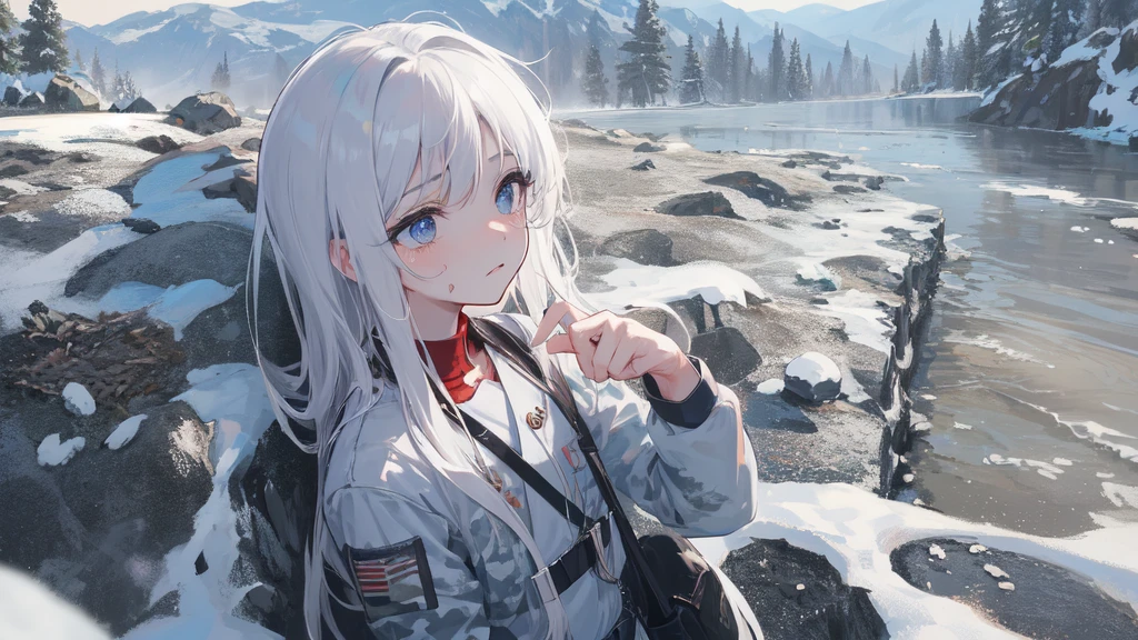 masterpiece:1.2), best quality , 独奏 ,pixiv, anime girl ,long straight white hair , black eyes ,Wearing off-white camouflage uniform ,ten years old,modern battlefield,(Eyes looking into the distance:1.3),(look away:1.5),snowy weather,dirty face,blood on forehead,dirty face,Backlight,Bare rocky peaks ,The expression is sad,leave tears,When the war situation seems to be developing for the better,,A girl wakes up from her deep sleep,She doesn't understand her own life、Not sure about the power in the body,As pure as white paper。At the same time, another soul is sleeping inside the girl's body.,it was an accident,It is also one of the waves that changes the world。People are smaller in the frame