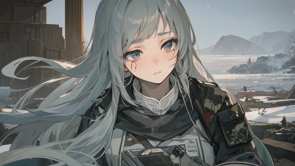 masterpiece:1.2), best quality , 独奏 ,pixiv, anime girl ,long straight white hair , black eyes ,Wearing off-white camouflage uniform ,ten years old,modern battlefield,(Eyes looking into the distance:1.3),(look away:1.5),snowy weather,dirty face,blood on forehead,dirty face,Backlight,Bare rocky peaks ,The expression is sad,leave tears,When the war situation seems to be developing for the better,,A girl wakes up from her deep sleep,She doesn't understand her own life、Not sure about the power in the body,As pure as white paper。At the same time, another soul is sleeping inside the girl's body.,it was an accident,It is also one of the waves that changes the world。People are smaller in the frame