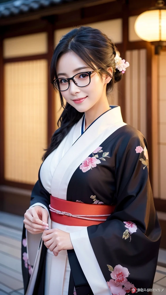 (Super beautiful woman in kimono)、((highest quality、8K masterpiece:1.3))、sharp focus:1.2、(super beautiful face:1.0)、(shiny skin:1.0)、realistic pictures、black hair、video lighting、High resolution eyes and face、video lighting、japanese actress、from the front、big breasts、with a happy smile、Slender abs beauty、whole body、wearing a kimono、in Kyoto、(((luxury obi)))、In Kyoto at night、wearing glasses with no edge、with a fan