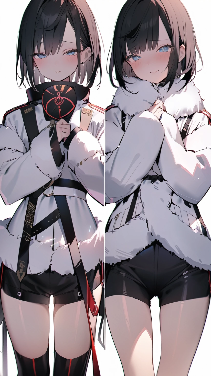Highest quality、Black Hair、Blue Eyes、Short Hair、Hime cut、masterpiece、Very detailed、Fur coat、Shorts、Knee-high boots、{smile}、Sadness、From the waist up、Looking at this、{tears}、peace sign、Morning Glow、