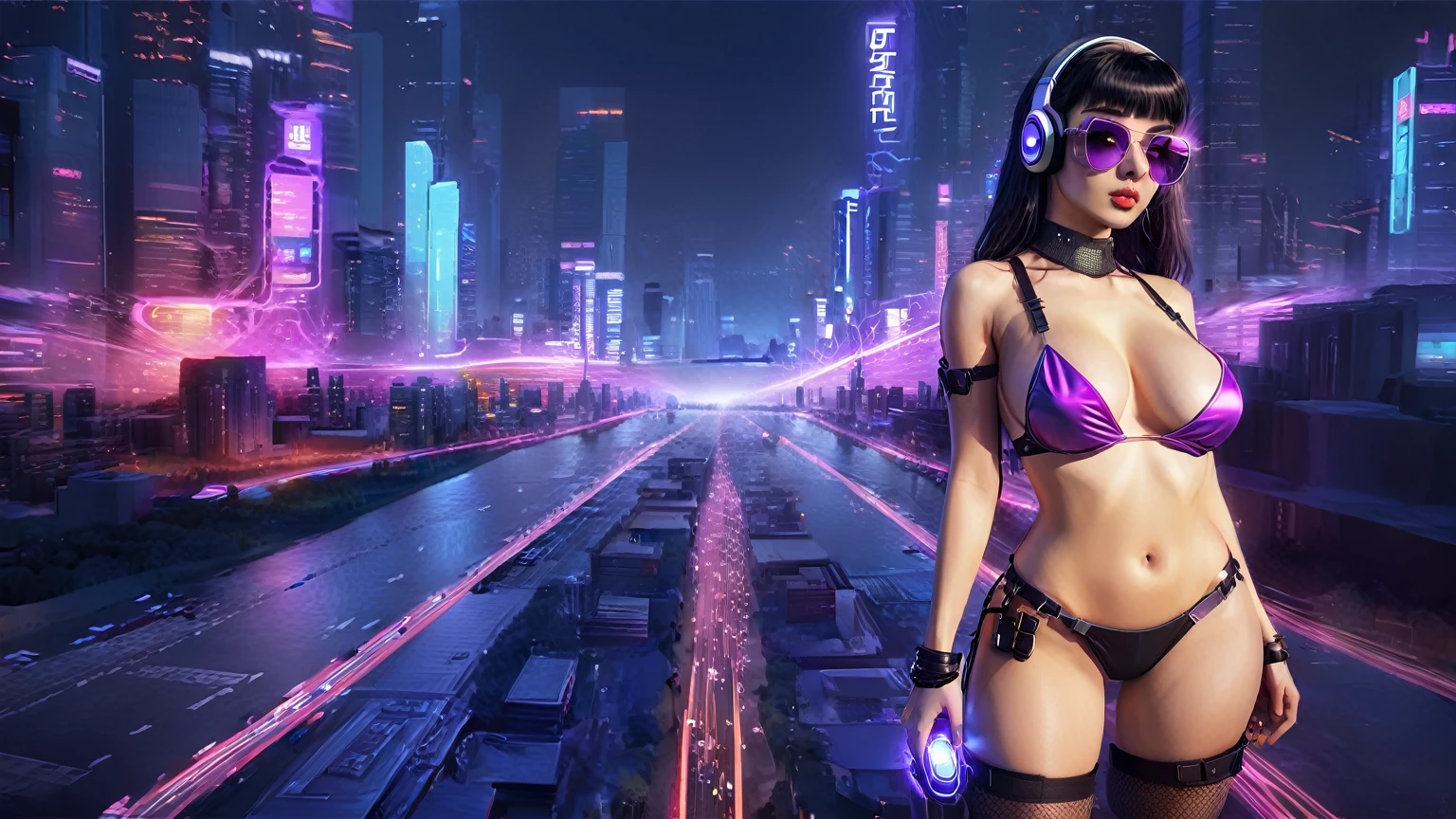 masterpiece, best quality, high resolution, 8k, (Portrait Photos:1.5), (R Original Photo), real picture, Digital Photography, (A fusion of cyberpunk and fantasy), 20 year old girl, solo, (((black sunglasses, headphone))), Feel free to hairstyle, Purple Eyes, By Bangs, (large breasts, cleavage, Accessories, Elegant and charming, Combination of cyberpunk and fantasy style clothing, Hollow carving design, Photo poses, Realistic style, (((((((pistol shooting pose))))))), oc render reflection texture, sentry, (((((aerial view of Cyberpunk style future city, giant (Chinese Terracotta Warriors) sculpture))))), night, Bustling streets, (((((half-body (thigh level) medium shot))))).