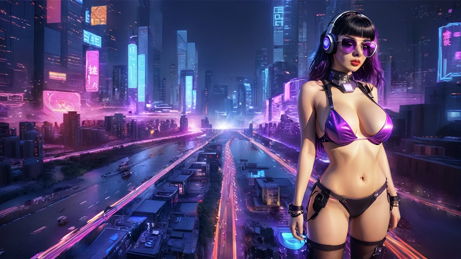 masterpiece, best quality, high resolution, 8k, (Portrait Photos:1.5), (R Original Photo), real picture, Digital Photography, (A fusion of cyberpunk and fantasy), 20 year old girl, solo, (((black sunglasses, headphone))), Feel free to hairstyle, Purple Eyes, By Bangs, (large breasts, cleavage, Accessories, Elegant and charming, Combination of cyberpunk and fantasy style clothing, Hollow carving design, Photo poses, Realistic style, (((((((pistol shooting pose))))))), oc render reflection texture, sentry, (((((aerial view of Cyberpunk style future city, giant (Chinese Terracotta Warriors) sculpture))))), night, Bustling streets, (((((half-body (thigh level) medium shot))))).