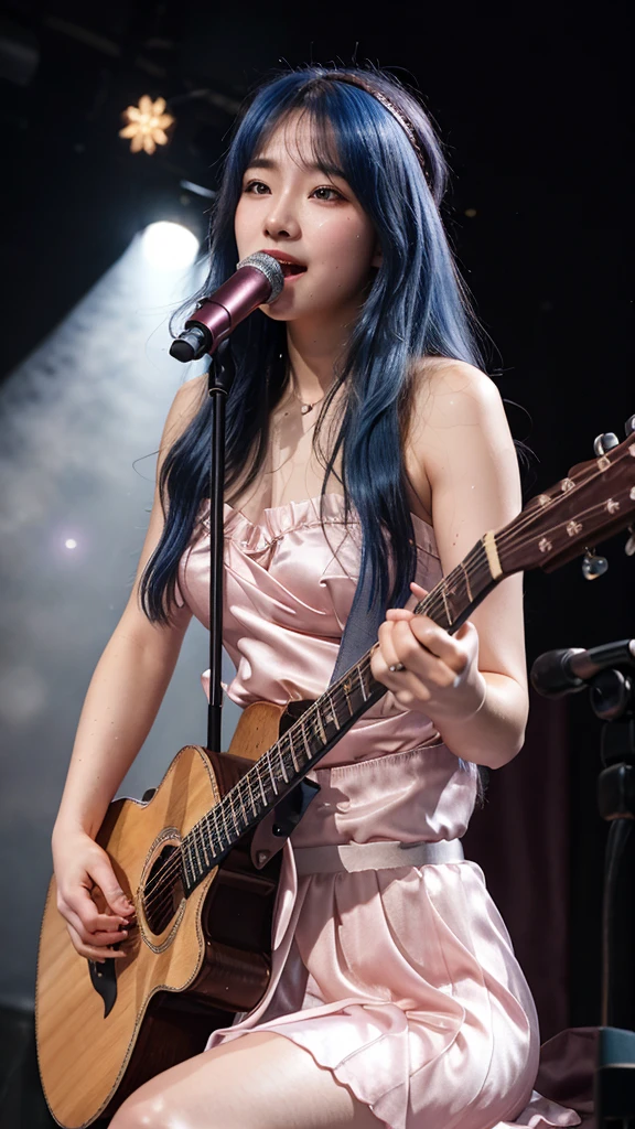 ((best quality)), photorealistic, photorealism, Photorealistic, high resolution, ((Wearing Pink Strapless Satin dress, Headband))、smile、A superb beauty、Super cute、ennui、Rare beauty、Long hair、Black Dark Eyeshadow、Sad、white skin、pale skin, Long hair layered、Dark Gothic Makeup、Cute Smile、Fragrant beauty、Stained glass background、Mastepiece、Best Quality、Refers to 5 books、Sweat glistening on my chest、Sweat glistening on my face、Medium breasts、Blue hair、Age 20 years old、Mysterious look、A sad expression、Blue Hair、Glamorous concert stage、enchanting castle、Sweating profusely all over the body、A lot of sweat and light on the thighs、Shiny thighs、Plenty of sweat glistening on the thighs、A large amount of sweat glistens on my thighs、Sweating profusely、Gal、Medium breasts、Beautiful face、Alluring expression、Sitting、Sitting playing guitar、Thick thighs、Playing guitar、I have a guitar、Sing a song enthusiastically、Playing guitar in a band、Rock band、Playing guitar chords、Live House Background、Sing a song、Open your mouth、Live house scenery、Mic stand、Glamorous live stage、Dynamic Angle、Cinematic lighting