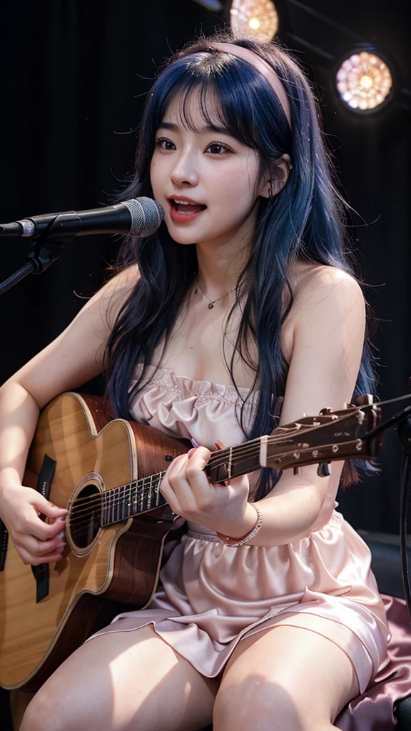 ((best quality)), photorealistic, photorealism, Photorealistic, high resolution, ((Wearing Pink Strapless Satin dress, Headband))、smile、A superb beauty、Super cute、ennui、Rare beauty、Long hair、Black Dark Eyeshadow、Sad、white skin、pale skin, Long hair layered、Dark Gothic Makeup、Cute Smile、Fragrant beauty、Stained glass background、Mastepiece、Best Quality、Refers to 5 books、Sweat glistening on my chest、Sweat glistening on my face、Medium breasts、Blue hair、Age 20 years old、Mysterious look、A sad expression、Blue Hair、Glamorous concert stage、enchanting castle、Sweating profusely all over the body、A lot of sweat and light on the thighs、Shiny thighs、Plenty of sweat glistening on the thighs、A large amount of sweat glistens on my thighs、Sweating profusely、Gal、Medium breasts、Beautiful face、Alluring expression、Sitting、Sitting playing guitar、Thick thighs、Playing guitar、I have a guitar、Sing a song enthusiastically、Playing guitar in a band、Rock band、Playing guitar chords、Live House Background、Sing a song、Open your mouth、Live house scenery、Mic stand、Glamorous live stage、Dynamic Angle、Cinematic lighting