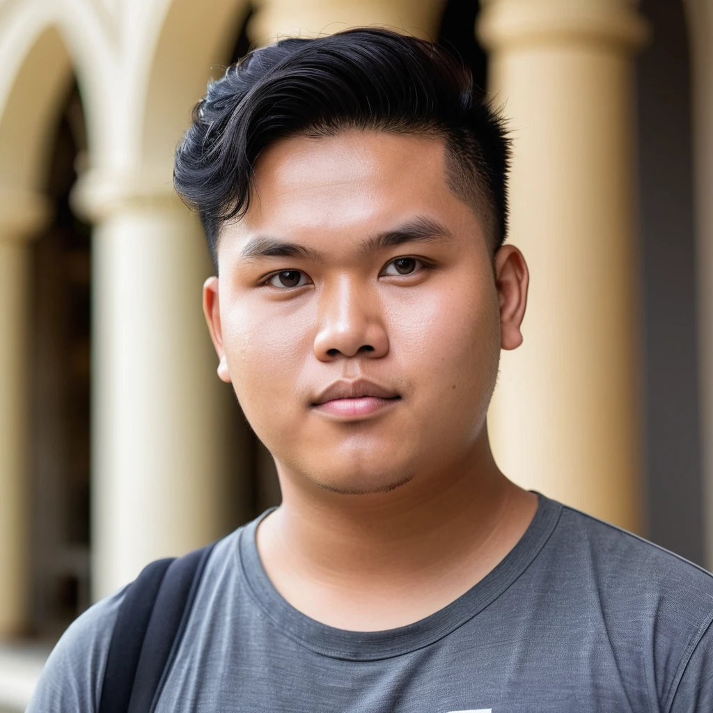 headshot photo of male indonesian digital marketer, 20 years old, fat, looking at viewer, side view, museum background