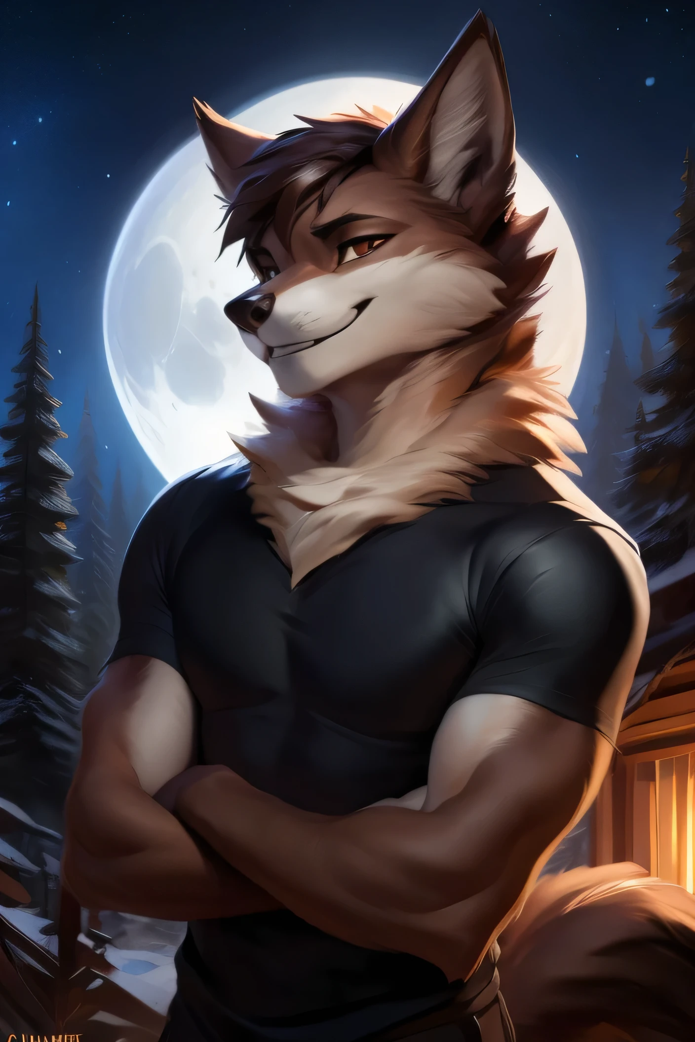 4k, high resolution, best quality, masterpiece, perfect colors, perfect shadows, beautiful and detailed portrait of a (((male))), perfect lighting, posted on e621, (by Chunie, by Einshelm), furry, anthro, furry art, ((portrait)), male Gray wolf, furry body black legs from foot to knee,fluffy, fluffy tail, body fur,chin fluff, muzzle, fluffy chest, big fluffy neck tuft,fluffy neck, fluffy chest, Lots of fluff, Beautiful brown eyes, fit body, perfect masculine body, detailed fur, detailed face, ((Bonifasko lighting)), (detailed eyes), perfect pupils, Short, Short brown hair, messy short hair, Fluffy neck, black pants, wearing clothes, Arms white, Smug smile, grinning, teeth showing, mouth open, T-shirt, dark night sky, starry sky, forest background, moon in view
