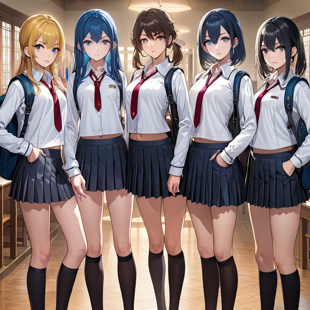 (masterpiece, top quality, best quality, official art), multiple girls, multiple different characters, school girls, school, sexy proportions, detailed face, mesmerizing eyes