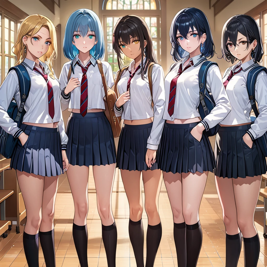 (masterpiece, top quality, best quality, official art), multiple girls, multiple different characters, school girls, school, sexy proportions, detailed face, mesmerizing eyes