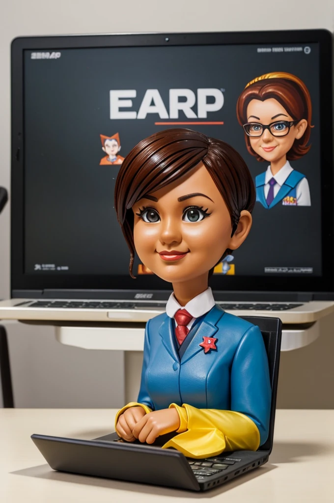 "Create a 3D caricature image of school teachers earnestly reviewing their laptop. Include a playful message written above them: ('e-RPH Sena'). Set the scene against an class background to infuse a dynamic and engaging atmosphere."