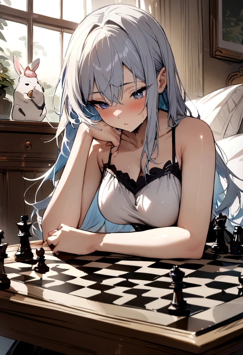 masterpiece, Highest quality, Highest quality, masterpiece, High resolution、Girl playing chess with rabbit、
