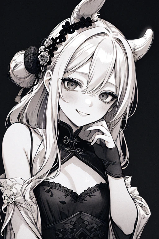 Highest quality, (Background details), Beautiful line art、Monochrome painting、Black and white painting、High Contrast, Very beautiful woman, Detailed original illustrations、Department of Chinese、Chinese clothing、Bun hair、Wicked Smile、laugh at、Crazy eyes、Suganou、Delicate face、charm、small、 Granny、Villainess、sexy、Small breasts、Small stature、Real breasts, Head close-up, Black background, (Black background: 1.5)