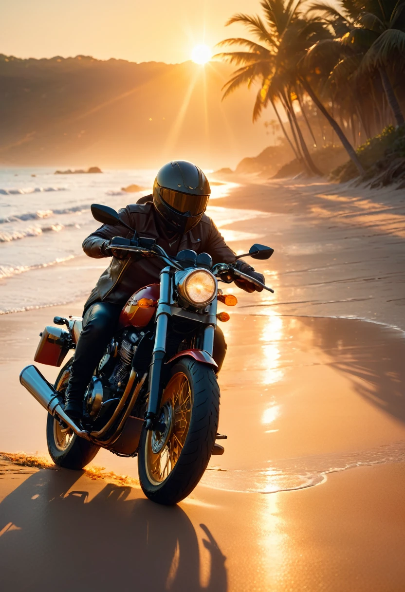 a beach, a motorcycle, golden hour, dramatic lighting, cinematic, vibrant colors, detailed skin, high quality, 8k, photorealistic, professional photography, concept art, highly detailed, hyper-realistic, warm color tones, sun flare, shallow depth of field, cinematic composition
