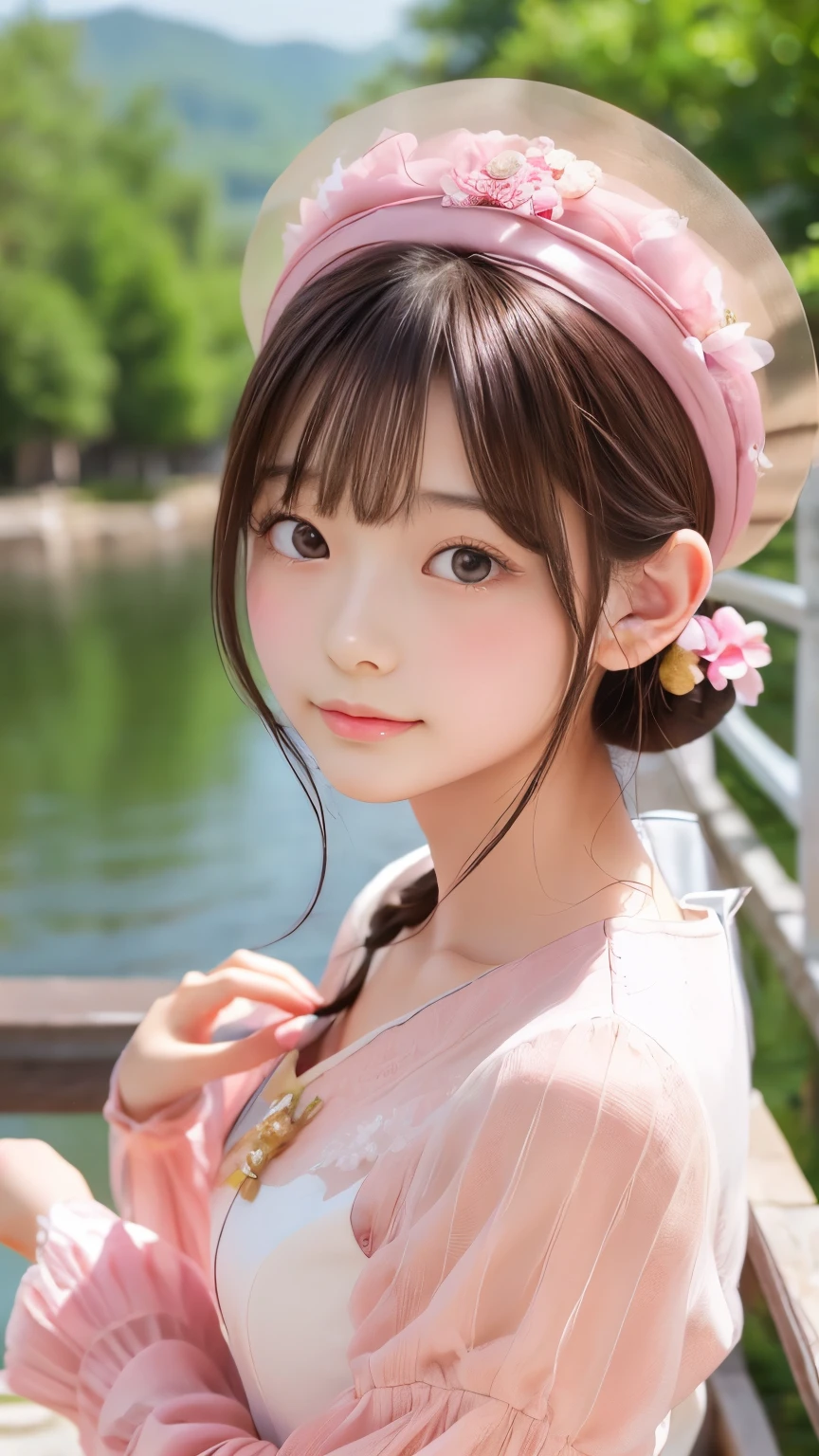 masterpiece, Highest quality, Waterfront, banquet, 1 female, Mature Woman, elegant, Chinese style, ancient China, younger sister, Royal younger sister, Happy, Meatball Head, Light brown hair, Pink Eyes, Gorgeous hat, Light pink lips, Pink clothes, thread-like clothes, intellectual, Full Bang, Flat bangs, Flower Ball, Delicate face,Updo