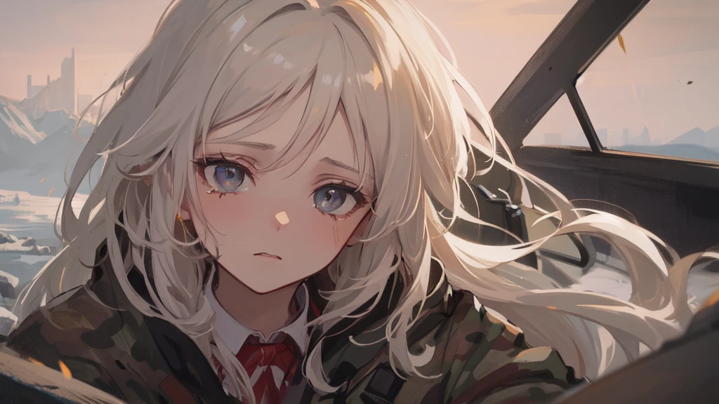 masterpiece:1.2), best quality , 独奏 ,pixiv, anime girl ,long straight white hair , black eyes ,Wearing off-white camouflage uniform ,ten years old,modern battlefield,(Eyes looking into the distance:1.3),(look away:1.5),snowy weather,dirty face,blood on forehead,dirty face,Backlight,Bare rocky peaks ,The expression is sad,leave tears,When the war situation seems to be developing for the better,,A girl wakes up from her deep sleep,She doesn't understand her own life、Not sure about the power in the body,As pure as white paper。At the same time, another soul is sleeping inside the girl's body.,it was an accident,It is also one of the waves that changes the world。The characters are relatively small in the picture