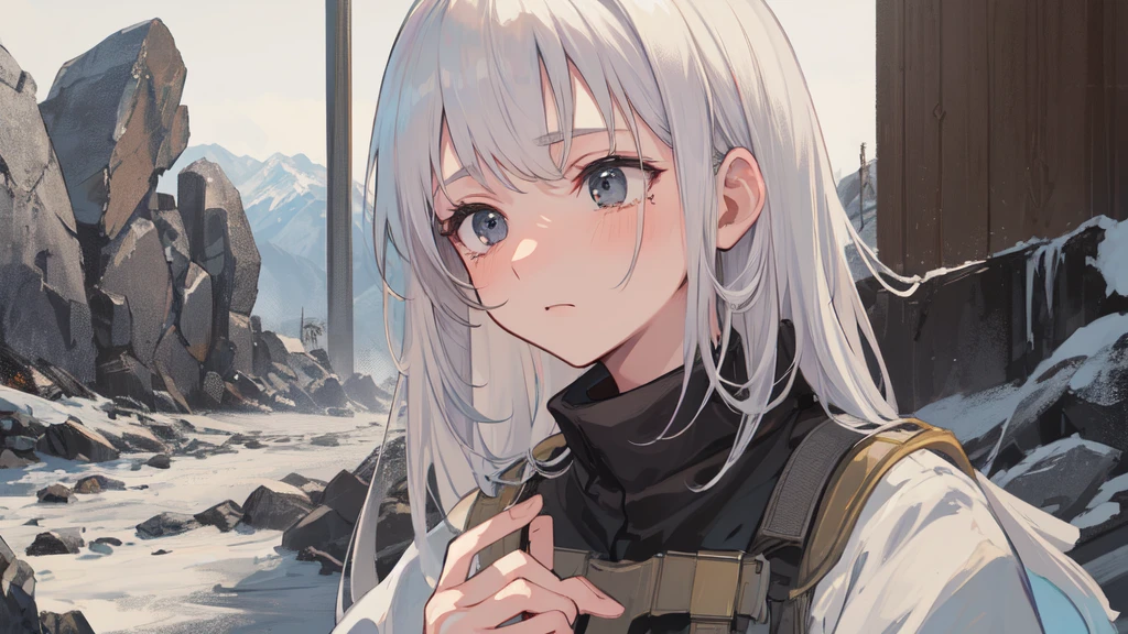masterpiece:1.2), best quality , 独奏 ,pixiv, anime girl ,long straight white hair , black eyes ,Wearing off-white camouflage uniform ,ten years old,modern battlefield,(Eyes looking into the distance:1.3),(look away:1.5),snowy weather,dirty face,blood on forehead,dirty face,Backlight,Bare rocky peaks ,The expression is sad,leave tears,When the war situation seems to be developing for the better,,A girl wakes up from her deep sleep,She doesn't understand her own life、Not sure about the power in the body,As pure as white paper。At the same time, another soul is sleeping inside the girl's body.,it was an accident,It is also one of the waves that changes the world。The characters are relatively small in the picture
