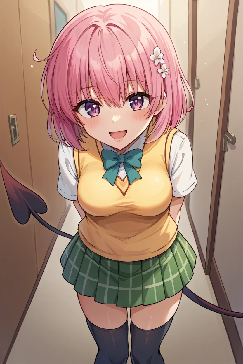 score_9, score_8_up, source_anime, BREAK 1girl tlrmomo, pink hair, hair flower, green bowtie, yellow sweater vest, white shirt, short sleeves, green miniskirt, black thighhighs, demon tail, smile, open mouth, looking at viewer, leaning forward, hallway, standing, furrowed brow, arms behind back, closed mouth