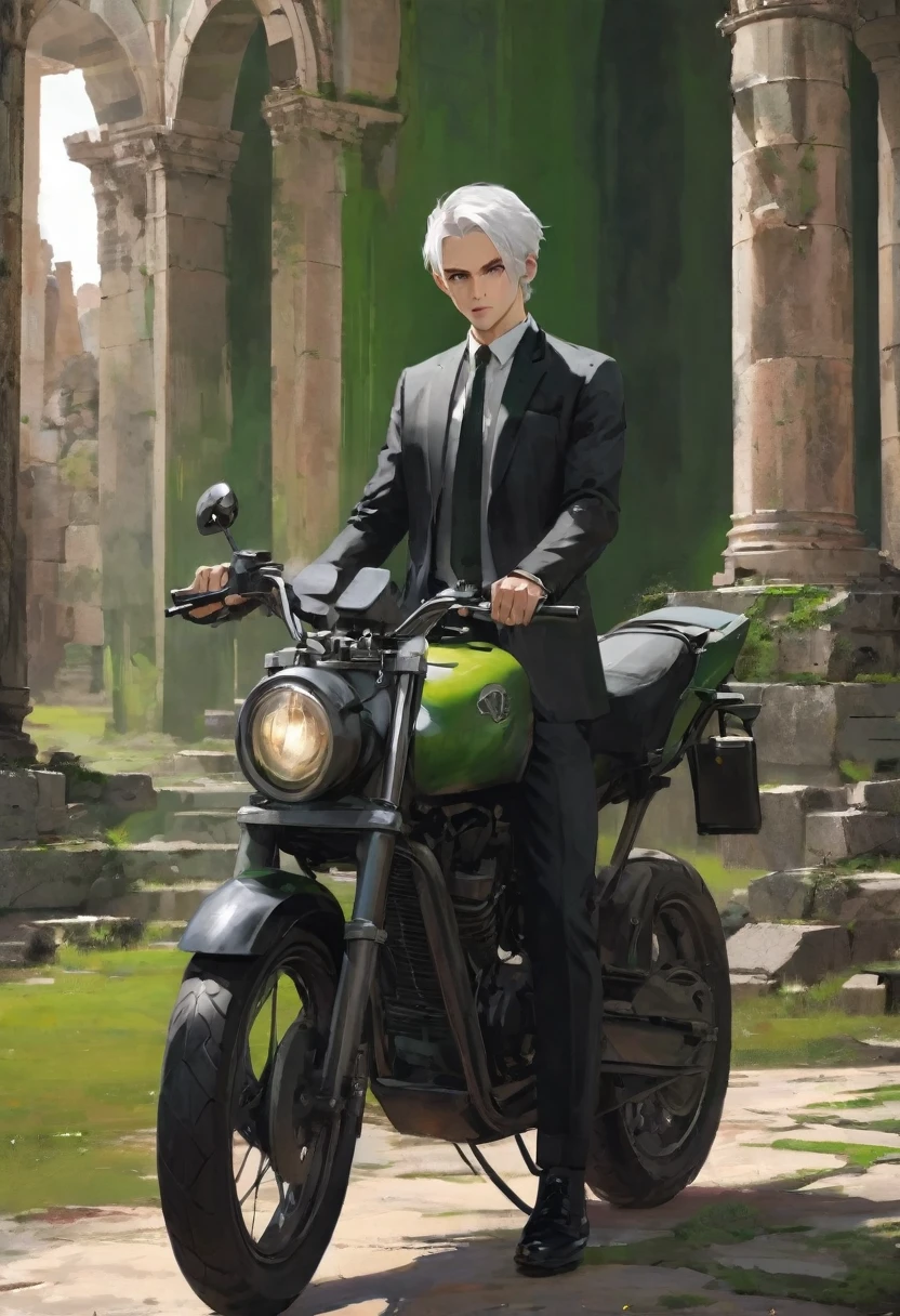 motorcycle, A man with a toned body, Solitary, White hair, Moss green tone hair, short hair, ((Black and gray social shirt, Black and gray trousers)), Black social shoes, Serious look, Light green eyes, Ancient ruins, Black Tie.