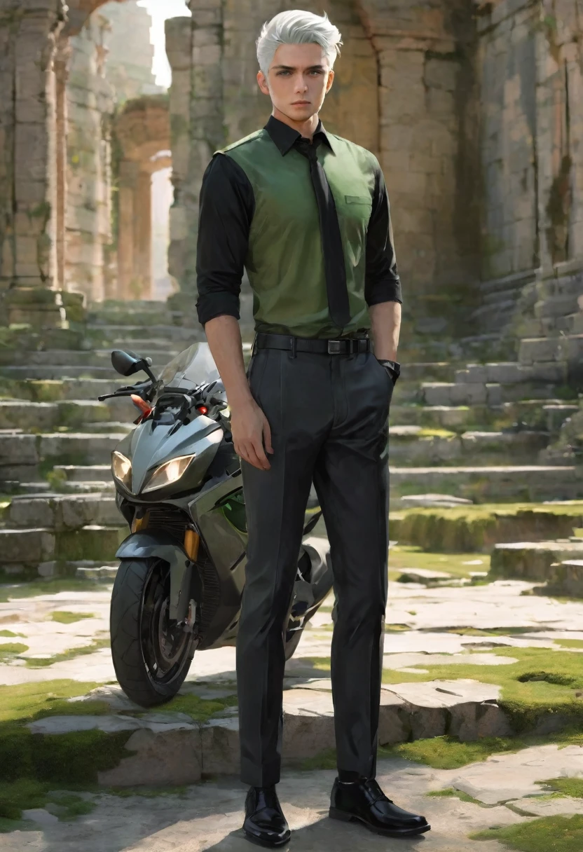 motorcycle, A man with a toned body, Solitary, White hair, Moss green tone hair, short hair, ((Black and gray social shirt, Black and gray trousers)), Black social shoes, Serious look, Light green eyes, Ancient ruins, Black Tie.