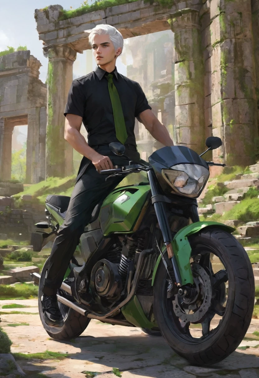 motorcycle, A man with a toned body, Solitary, White hair, Moss green tone hair, short hair, ((Black and gray social shirt, Black and gray trousers)), Black social shoes, Serious look, Light green eyes, Ancient ruins, Black Tie.