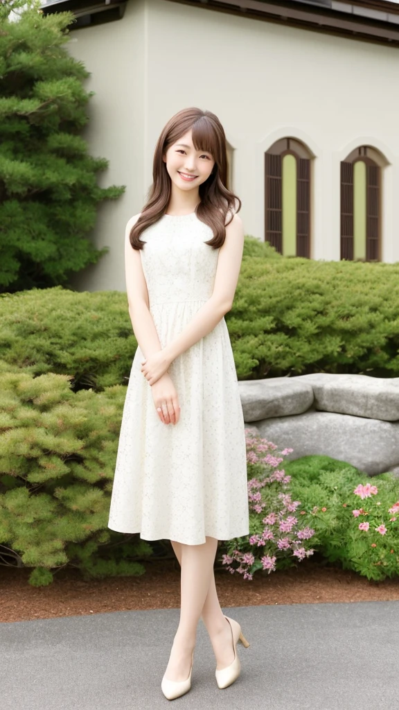 A graceful and serene Japanese woman with long, brown hair, a gentle smile, and a clean, refined appearance. She is depicted in a full-body pose wearing a cute dress.