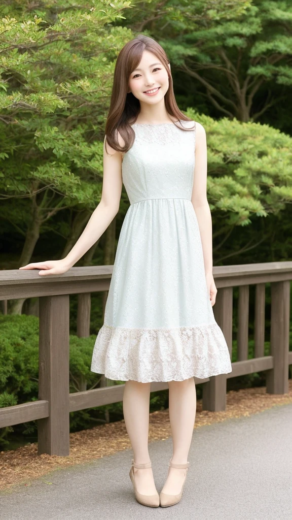 A graceful and serene Japanese woman with long, brown hair, a gentle smile, and a clean, refined appearance. She is depicted in a full-body pose wearing a cute dress.