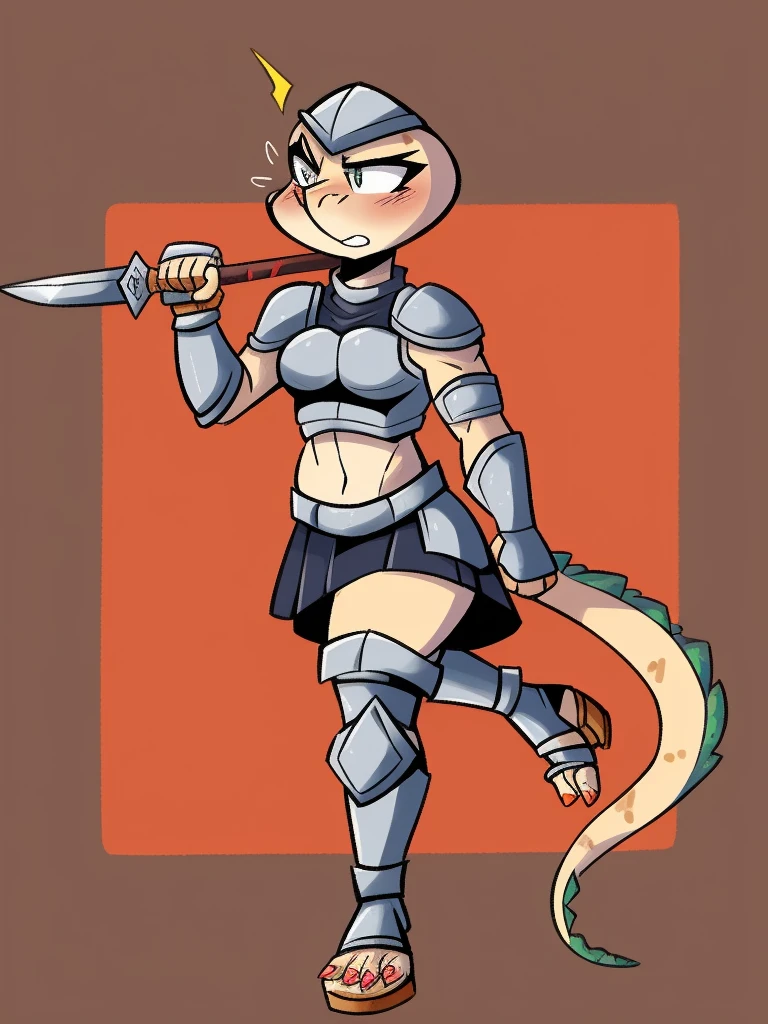 1girl, furry, furry_female, lizard_girl, solo, wearing leather armor,armored gladiator sandals, gladiator skirt, humanoid feet, holding sword, nosebleed,bloody nose