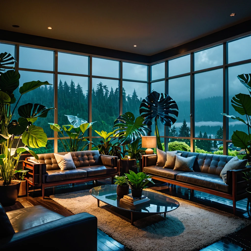 (masterpiece:1.1), (highest quality:1.1), (HDR:1.0), midcentury modern living room dimly lit with dark rainy evening outside, (foggy rainy evening:1.2), pacific northwest, (dim lighting:1.4), (moody lighting:1.2), plants, large plants, rainy, monstera, many plants, (foggy windows:1.2), masterpiece, best quality, twilight hour, (nighttime:1.4), rainy evening, after sunset
, detailed, realistic, 8k uhd, high quality
